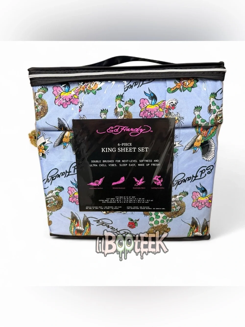 Ed Hardy 6-Piece King Sheet Set Blue w Floral Bird Tiger Print VIRAL Y2K